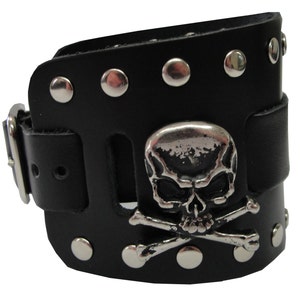 Skull and Cross Bones Concho Handmade Black Buckle Wide Leather Watchband Military Biker Rocker U.S.A. NYC Cuff Wristband Bracelet