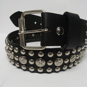 Premium 1-3/4&quot; (45mm) wide Studded Leather Belt with 3 rows Skull head skull and bone studs Silver/Chrome and round studs Spiked Made in USA