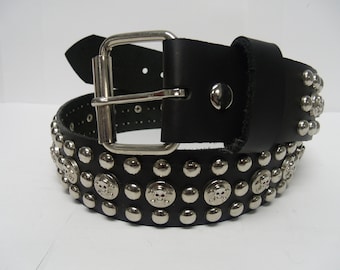 Premium 1-3/4" (45mm) wide Studded Leather Belt with 3 rows Skull head skull and bone studs Silver/Chrome and round studs Spiked Made in USA