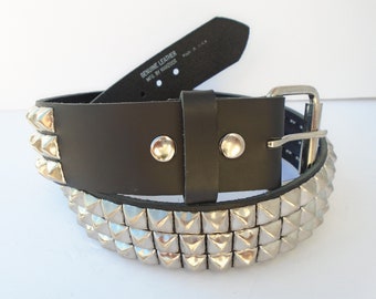 Premium 1-3/4" (45mm) wide Full Grain Leather Belt 3 rows 1/2" (13 mm) PY77 Pyramid Square Studs Silver/Chrome Studded Spike Made in USA NYC