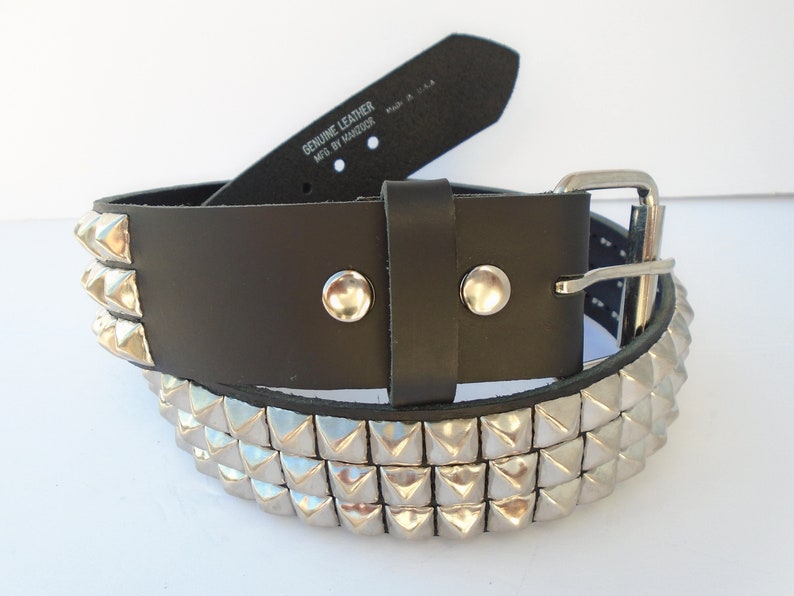 Premium 1-3/4 45mm wide Full Grain Leather Belt 3 rows 1/2 13 mm PY77 Pyramid Square Studs Silver/Chrome Studded Spike Made in USA NYC image 1