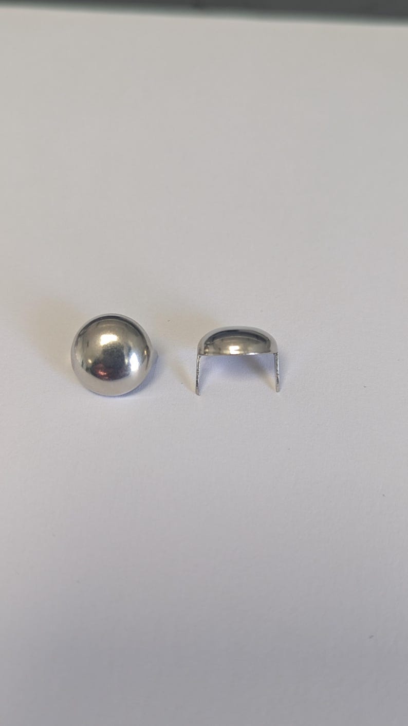 May include: Two small, shiny, silver-colored metal rivets. One is a complete, rounded dome shape. The other is a half-dome shape with two small, straight prongs extending downward. The rivets are on a white surface.