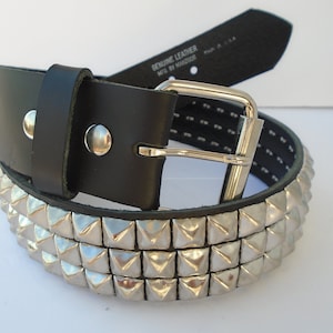 Premium 1-3/4 45mm wide Full Grain Leather Belt 3 rows 1/2 13 mm PY77 Pyramid Square Studs Silver/Chrome Studded Spike Made in USA NYC image 3