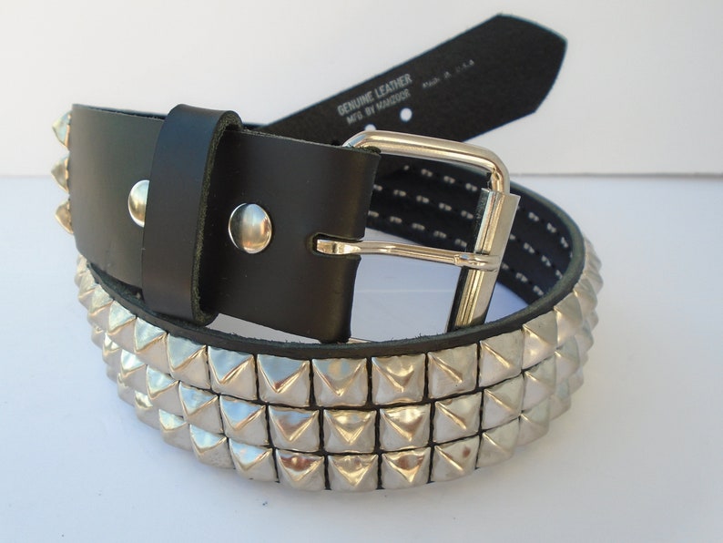 Premium 1-3/4 45mm wide Full Grain Leather Belt 3 rows 1/2 13 mm PY77 Pyramid Square Studs Silver/Chrome Studded Spike Made in USA NYC image 3