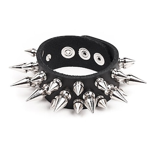 Vegan Friendly Material 3 rows spiked Black Wristband with Silver/Chrome 1&quot; Apex  and 1/2&quot; Classic Tree Spikes Handmade in USA NYC NB#1