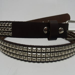 Premium 1-1/4&quot; (30mm) wide Full Grain Leather Belt 3 rows 1/4&quot; (7 mm) PY/77 Pyramid Square Studs Silver/Chrome Studded Spike Made in USA NY