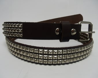 Premium 1-1/4" (30mm) wide Full Grain Leather Belt 3 rows 1/4" (7 mm) PY/77 Pyramid Square Studs Silver/Chrome Studded Spike Made in USA NY