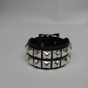 Premium Handmade 1-1/2&quot; 38mm Wide Black Leather Studded Bracelet Wristband Cuff Silver Chrome Buckle & Pyramid Studs Punk Rock Made in USA