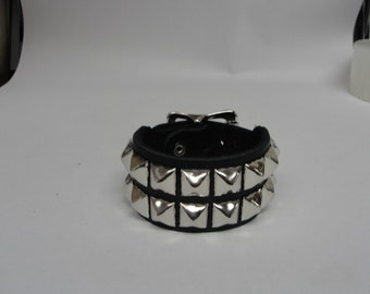Premium Handmade 1-1/2" 38mm Wide Black Leather Studded Bracelet Wristband Cuff Silver Chrome Buckle & Pyramid Studs Punk Rock Made in USA