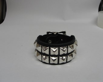 Handmade 1-1/2" 38mm Wide Black Leather Studded Bracelet Wristband Cuff Silver Chrome Buckle & Pyramid Studs Punk Rock Made in USA