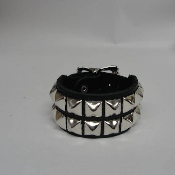 Premium Handmade 1-1/2" 38mm Wide Black Leather Studded Bracelet Wristband Cuff Silver Chrome Buckle & Pyramid Studs Punk Rock Made in USA