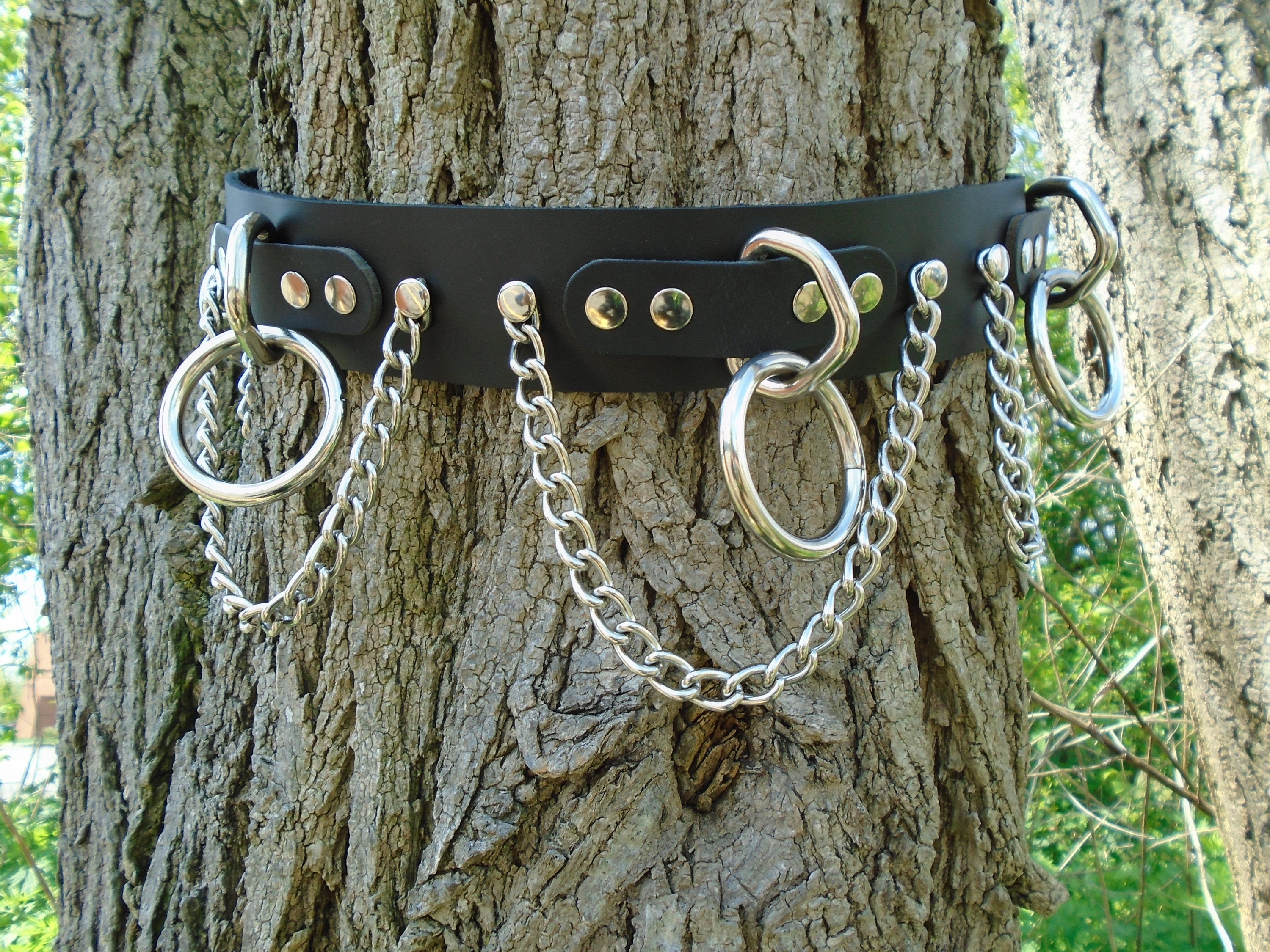 Handmade Draping Chain Halter Ring Belt Black Leather U.S.A. 