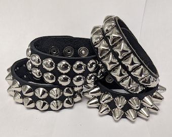 Premium 1-1/4" 32 mm Wide Full Grain Leather Studded Wristband with Two rows 1/2" studs Hand Made in USA bracelet Black Red White Pink