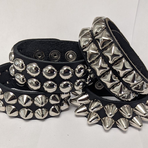 Premium 1-1/4" 32 mm Wide Full Grain Leather Studded Wristband with Two rows 1/2" studs Hand Made in USA bracelet Black Red White Pink
