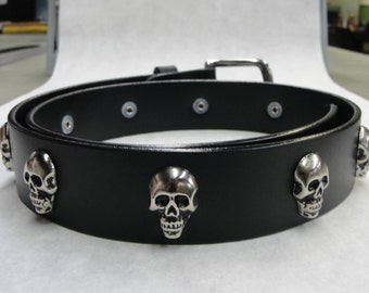 Handmade Solid Thick Black Full Grain Leather Belt with Skull Head Conchos 1-1/2" ( 38-mm ) 1.5 inch Removable Stainless Steel Buckle