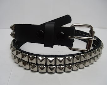 Premium 1-1/4" (32mm) wide Full Grain Leather Belt with 2 rows 1/2" (13 mm) Silver PY-77 Pyramid Square Studs Studded Spiked Made in U.S.A.