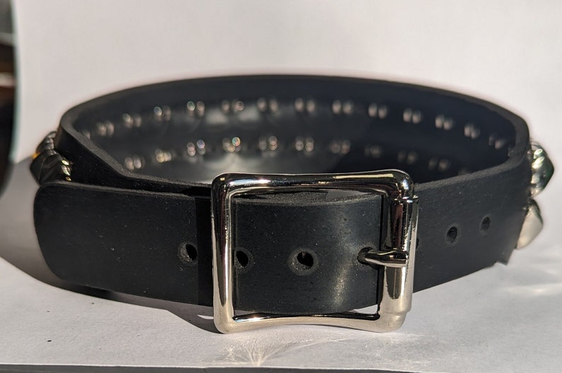 May include: A black leather collar with silver studs and a silver buckle. The collar is designed for a pet.