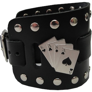 Braccialetto da polso con polsino largo in pelle pieno fiore con fibbia nera fatta a mano Aces and Eights Concho, stile militare, motociclista, rocker, U.S.A., NYC