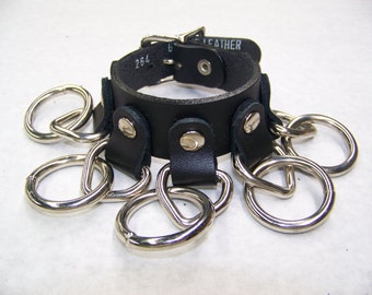 Black Hand Made Leather Wrist Band Bracelet Cuff 5 Halter Rings and Buckle Silver/Chrome Hardware Handmade in U.S.A.