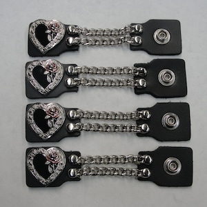 Rose in Heart set of 4 handmade two row chain black leather vest extenders 4&quot; and 6&quot; length made in the USA Biker Motorcycle HD