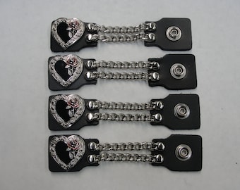 Rose in Heart set of 4 handmade two row chain black leather vest extenders 4&quot; and 6&quot; length made in the USA Biker Motorcycle HD