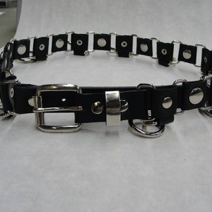 Premium Rivet and Halter Ring Black Leather Belt Hand Made Assembled in U.S.A. Silver/Chrome Hardware Gothic Punk Rock Biker Steampunk