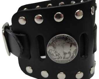 Buffalo Nickel Concho Handmade Black Buckle Wide Full Grain Leather Watchband Military Biker Rocker U.S.A. NYC Cuff Wristband Bracelet