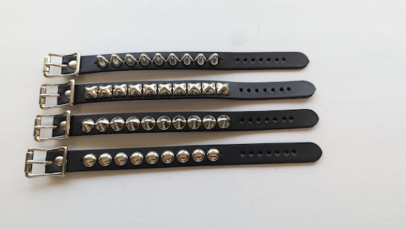 Handmade Full Grain Leather Studded Wristband Bracelet Cuff 3/4" 19mm Wide 1 Row Black or Silver 1/2" Tall Cone Round Pyramid Studs Punk