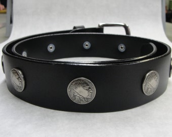 Handmade Solid Thick Black Full Grain Leather Belt with Indian Head nickel Conchos 1-1/2" ( 38-mm ) 1.5 inch Interchangeable Buckle