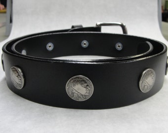 Premium Solid Thick Black Full Grain Leather Belt with Indian Head nickel Conchos 1-1/2" ( 38-mm ) 1.5 inch Removable Stainless Steel Buckle