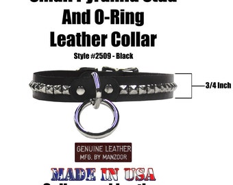 Handmade Leather O-Ring Choker Collar Necklace Buckled Small Silver Chrome Square Pyramid Studs Black Red White Pink Goth Punk Grunge