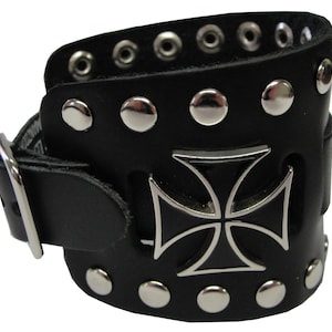Iron Maltese Cross Concho Handmade Black Buckle Wide Full Grain Leather Watchband Military Biker Rocker USA NYC Cuff Band Wristband Bracelet