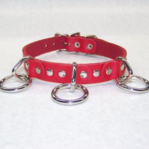 Premium Leather Collar With 3 Silver/Chrome O-Rings and flat rivets Gothic Choker Punk Necklace with Buckle Black or Red Handmade in U.S.A. image 2