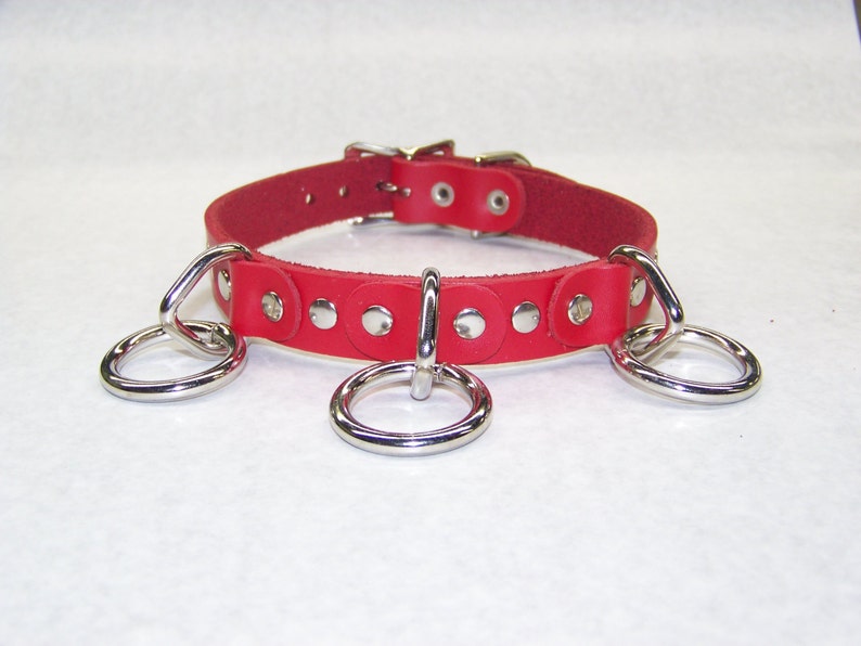 Premium Leather Collar With 3 Silver/Chrome O-Rings and flat rivets Gothic Choker Punk Necklace with Buckle Black or Red Handmade in U.S.A. image 2