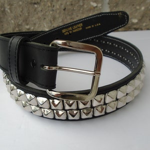 Premium 1-1/2" (38mm) wide Full Grain Leather Belt 2 rows Silver 1/2" (13 mm) PY77 Pyramid Studs and Stitching Studded Spiked Made in U.S.A.