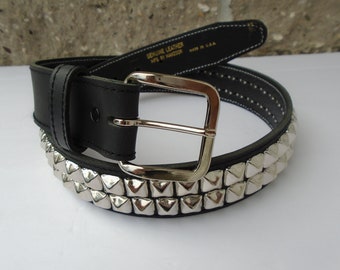 Premium 1-1/2" (38mm) wide Full Grain Leather Belt 2 rows Silver 1/2" (13 mm) PY77 Pyramid Studs and Stitching Studded Spiked Made in U.S.A.