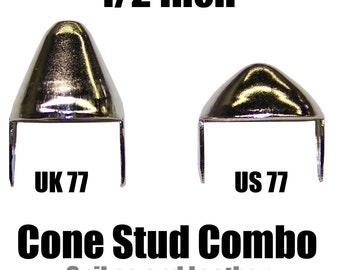 500 Cone Stud Combo US77 Cone Studs UK77 English Stud Silver/Chrome Spikes Spots Tack Nailheads Conical Apex and Standard cone studs