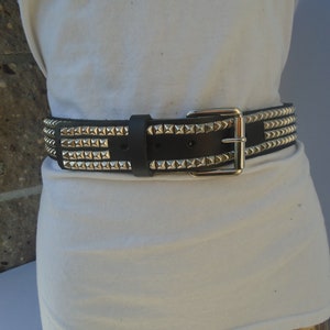 Premium 1-1/2&quot; 38 mm 1.5 inch wide Full Grain Leather Belt 4 rows 1/4&quot; 7 mm PY77 Pyramid Square Studs Silver Chrome Spike Made in USA NYC