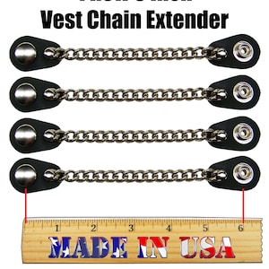 set of 4 handmade single row Leather Motorcycle Vest Extender chain black 4&quot; and 6&quot; extenders made in the USA Biker HD