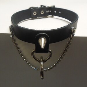 Handmade in USA Spiked Leather Collar With O-Ring and Chain Gothic Choker Punk Necklace with Buckle Black Leather Silver/Chrome Hardware image 2