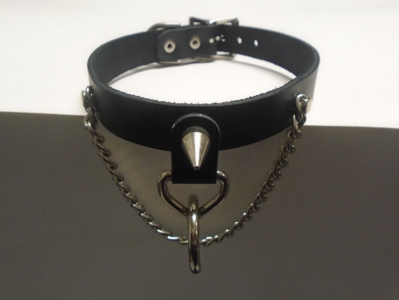 Handmade in USA Spiked Leather Collar With O-Ring and Chain Gothic Choker Punk Necklace with Buckle Black Leather Silver/Chrome Hardware image 2