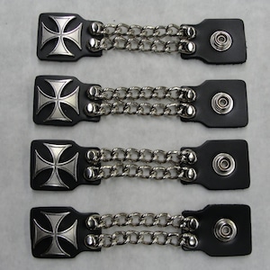 Iron Maltese Cross set of 4 handmade two row chain black leather vest extenders 4" and 6" length made in the USA Biker Motorcycle HD