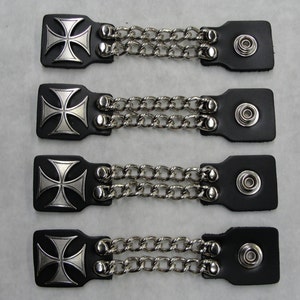 Iron Maltese Cross set of 4 handmade two row chain black leather vest extenders 4" and 6" length made in the USA Biker Motorcycle HD