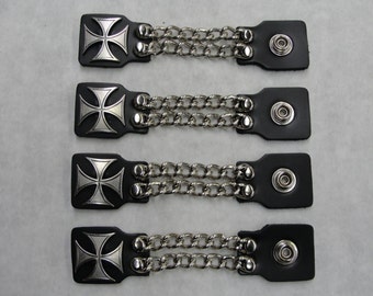 Iron Maltese Cross set di 4 estensori di gilet in pelle nera a catena a due file fatti a mano 4" e 6" di lunghezza realizzati negli Stati Uniti Biker Motorcycle HD