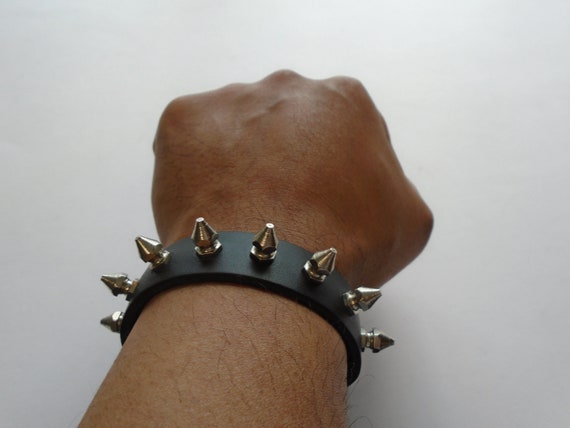 Premium Full Grain Leather Spiked Bracelet Wristband Hex