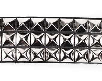 Vegan Friendly Material 1-3/4" - 45mm Wide studded Wristband with Three rows 1/2" pyramid studs Made in USA bracelet Black