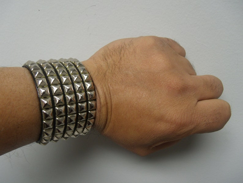 Premium Studded Leather Bracelet Wristband Cuff with 1/4 Pyramid Square Studs Spikes Made in USA NYC 1 2 3 4 and 5 Row image 9