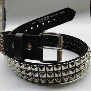 Premium studded spiked 1-3/4&quot; (45mm) wide Full Grain Leather Belt 3 rows 1/2&quot; (13 mm) PY/77 Pyramid Square Studs Silver/Chrome Made in USA