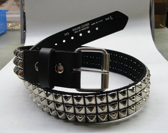 Premium studded spiked 1-3/4" (45mm) wide Full Grain Leather Belt 3 rows 1/2" (13 mm) PY/77 Pyramid Square Studs Silver/Chrome Made in USA