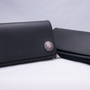 Premium Black Trucker Biker Wallet Stitched Full-Grain Vegetable Tanned Leather Wallet Chain Buffalo Indian Head Nickel Maltese Iron Cross
